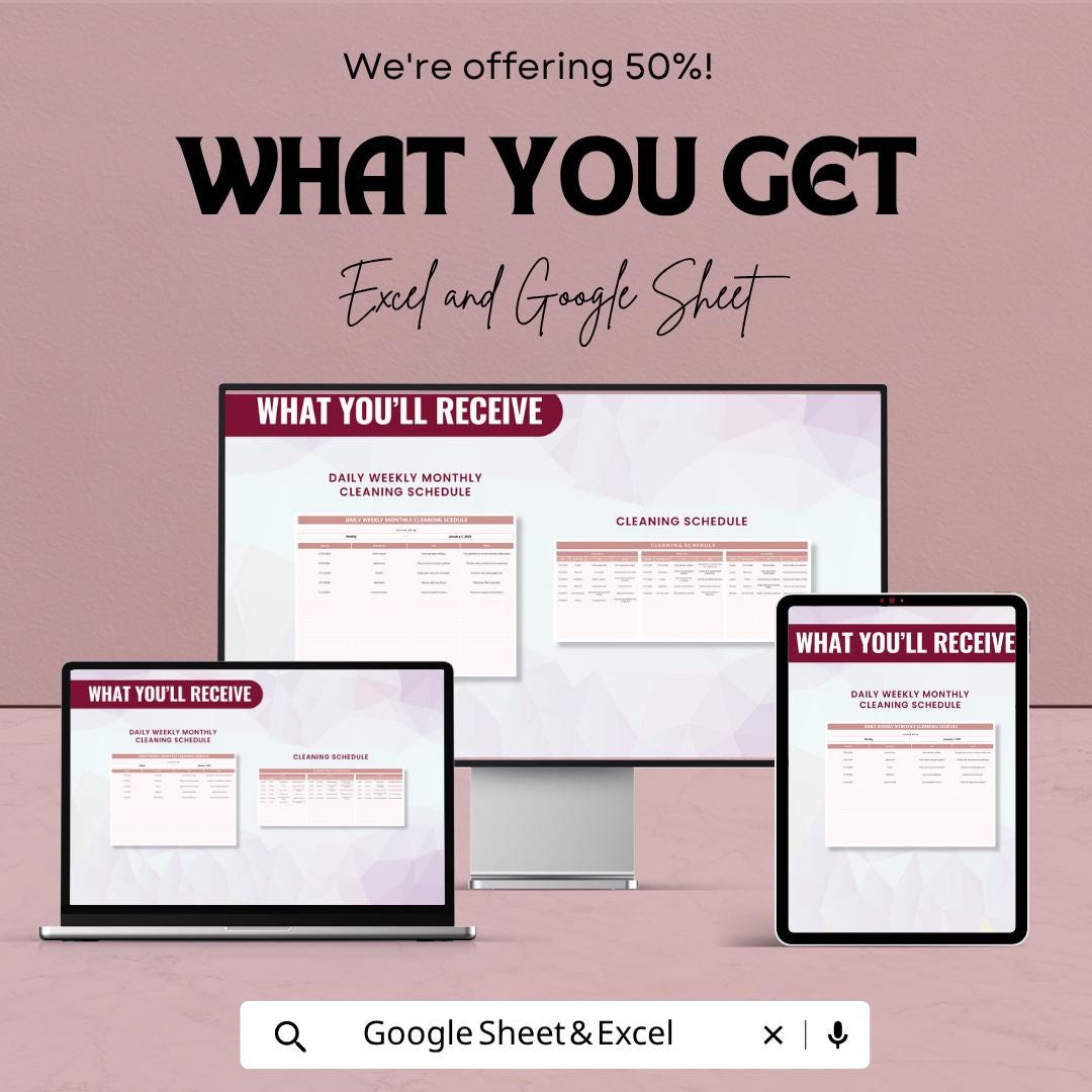 Daily Weekly Monthly Cleaning Schedule Template | Cleaning Checklist Spreadsheet | House Cleaning Planner | Excel & Google Sheets |