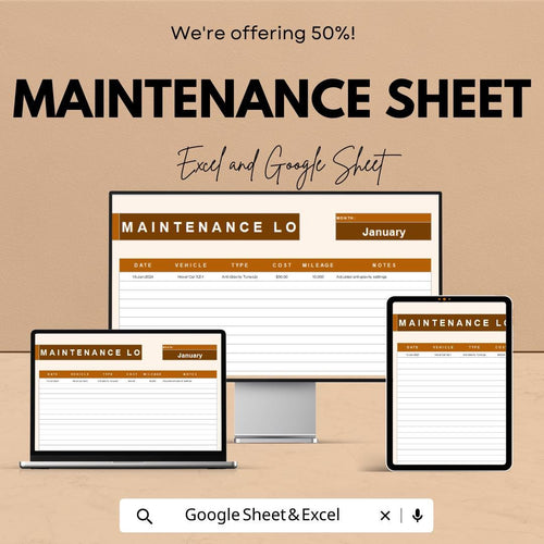 Maintenance Log Sheet Template for Vehicle and Equipment Tracking | Excel & Google Sheets | 50% OFF