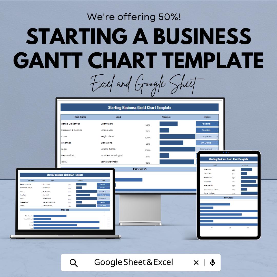 Starting a Business Gantt Chart Template Excel & Google Sheets | Project Timeline Planner | Startup Project Management Spreadsheet