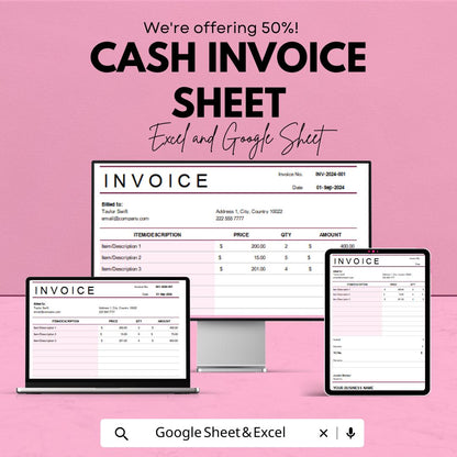 Cash Invoice Template - Excel & Google Sheets - Professional, Customizable Invoice for Businesses