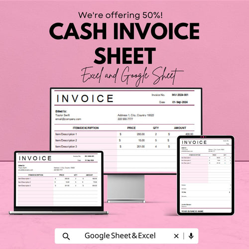 Cash Invoice Template - Excel & Google Sheets - Professional, Customizable Invoice for Businesses