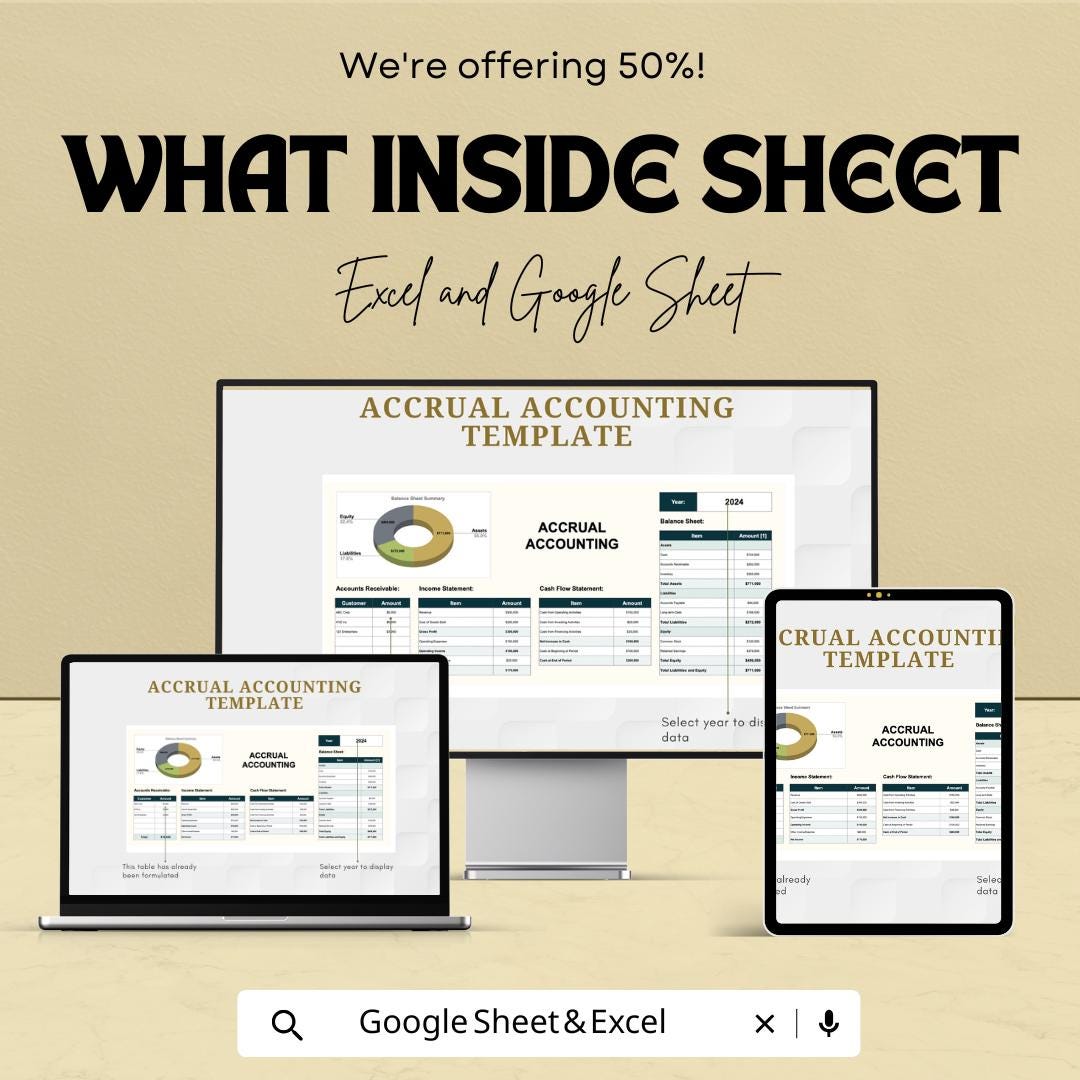 Accrual Accounting Template | Balance Sheet & Income Statement Dashboard | Financial Reporting Spreadsheet | Excel and Google Sheets