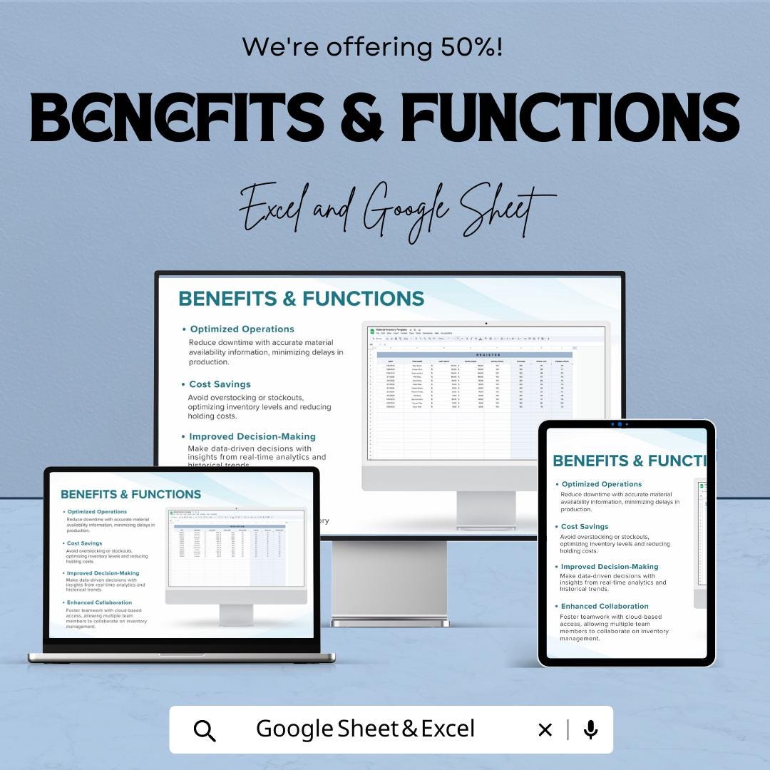 Material Inventory Template | Excel & Google Sheets Material Tracker | Stock Management Spreadsheet | Raw Material Inventory Log