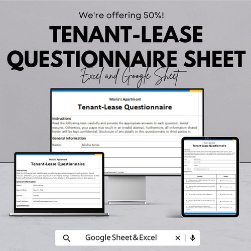 Tenant-Lease Questionnaire Sheet | Excel & Google Sheet | Tenant Information Form | Lease Agreement Form | Rental Management Tool