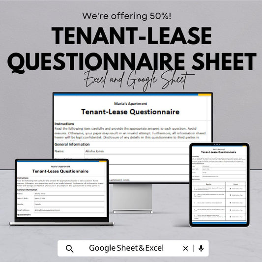 Tenant-Lease Questionnaire Sheet | Excel & Google Sheet | Tenant Information Form | Lease Agreement Form | Rental Management Tool