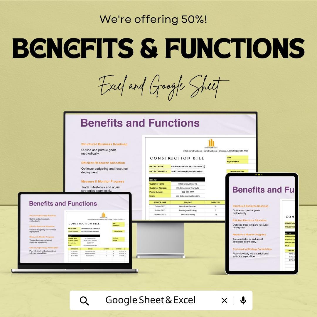Construction Bill Template | Excel Invoice Spreadsheet | Google Sheets Construction Invoice | Contractor Billing Template | Project Expense