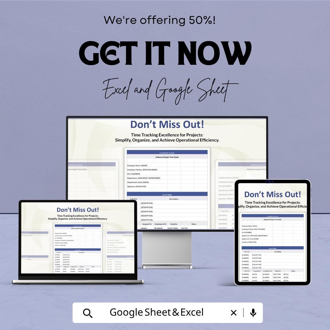 Software Project Time Sheet Template | Employee Time Tracker Spreadsheet | Project Hours Log | Excel & Google Sheets