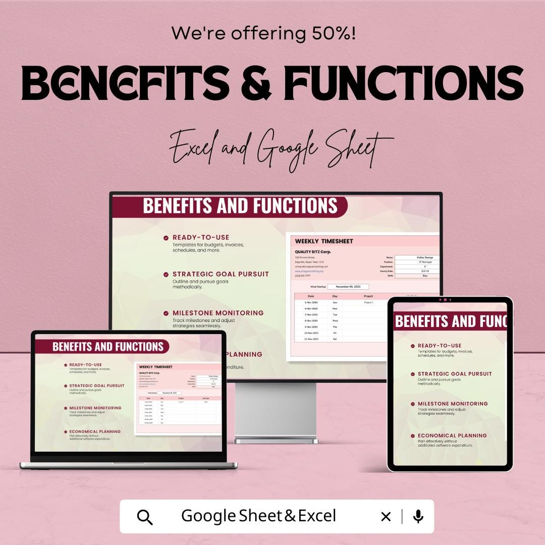 Weekly Timesheet Template – Excel & Google Sheets, 50% OFF – Track Employee Hours, Work Schedule, Time Management Tool,
