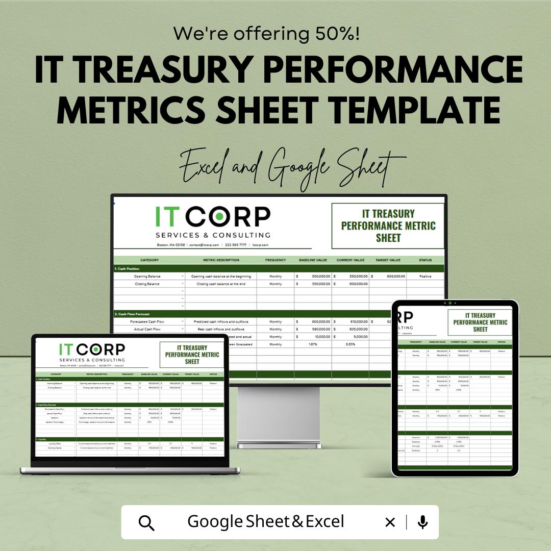 IT Treasury Performance Metrics Template | Treasury KPI Tracker Spreadsheet | Financial Performance Monitoring Dashboard