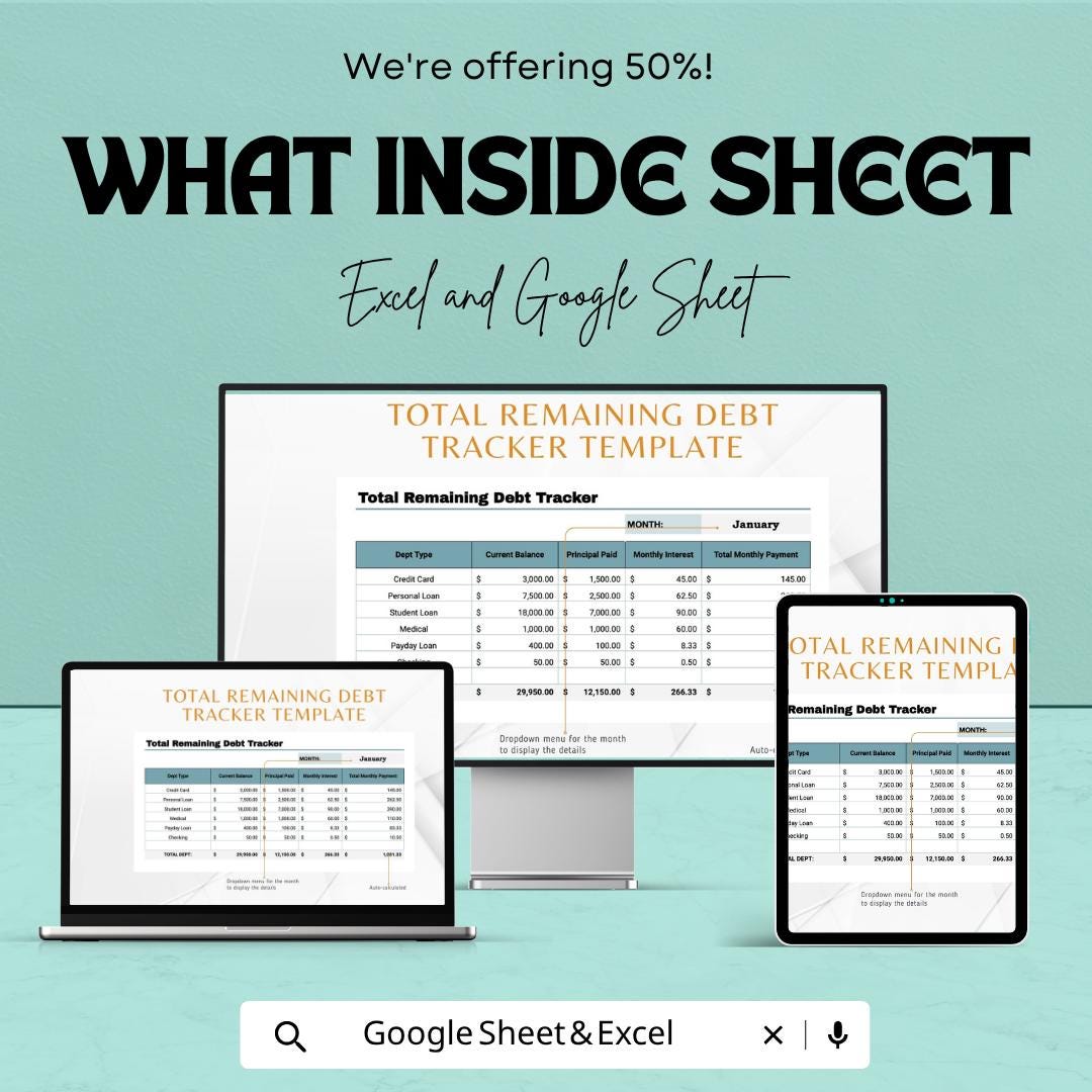Total Remaining Debt Tracker Template | Debt Payoff Spreadsheet | Debt Reduction Planner | Excel & Google Sheets | Personal Finance Tracker