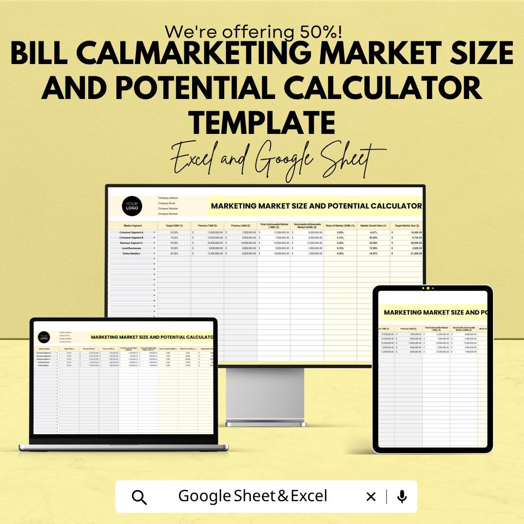Marketing Market Size Calculator Template | Market Analysis Spreadsheet | TAM SAM SOM Calculator | Business Planning Tool