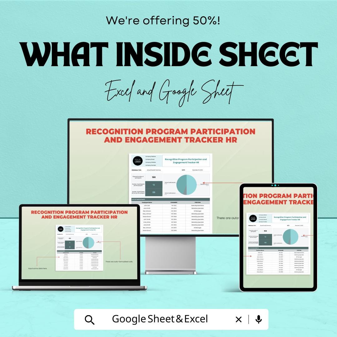 Recognition Program Participation & Engagement Tracker | HR Template for Excel and Google Sheets | Employee Engagement Dashboard