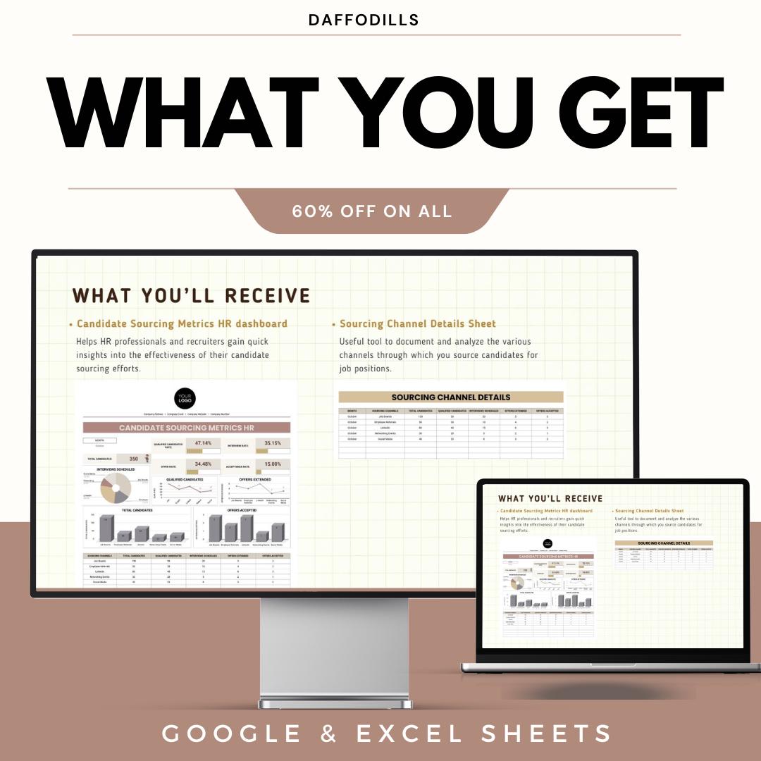Candidate Sourcing Metrics HR Template, Recruitment Source Tracking Dashboard, Hiring Channel Analysis, Google Sheets Excel
