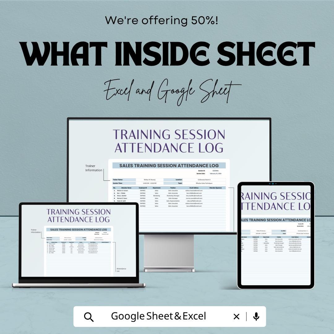 Sales Training Attendance Log Template Excel | Training Tracker Spreadsheet | Employee Attendance Sheet Google Sheets | Workshop Attendance