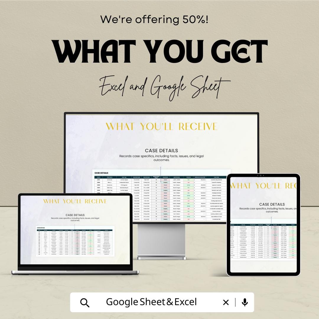 Legal Client Case Outcome Analysis Sheet | Google Sheets | Track Legal Cases & Client Outcomes | Data Analytics Template for Law Firms