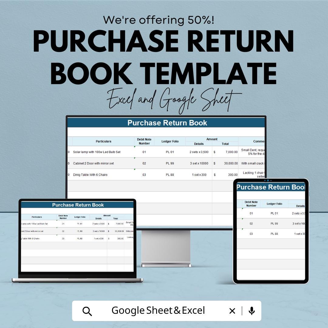 Purchase Return Book Template | Business Return Tracker | Supplier Return Record | Purchase Return Register