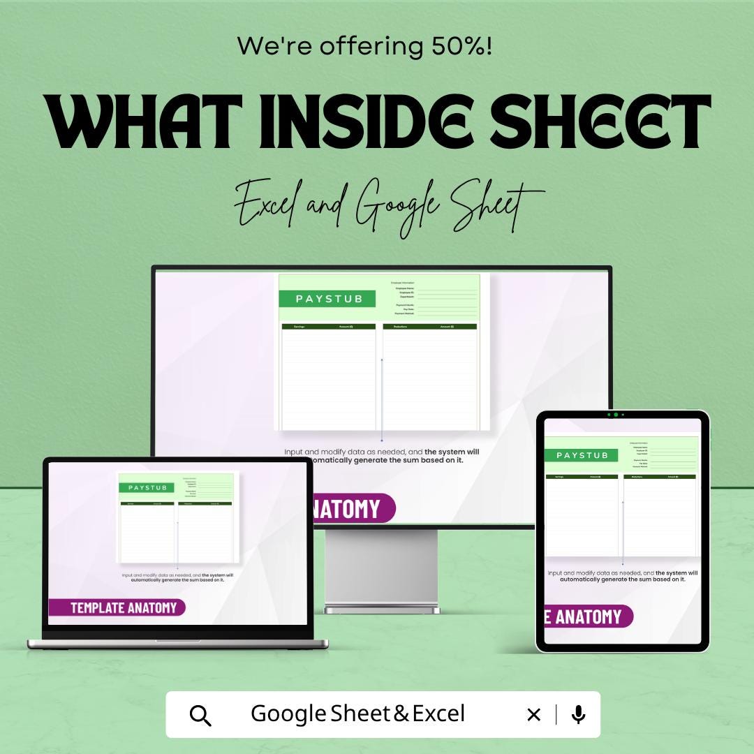 Blank Paystub Template | Payroll Stub Spreadsheet | Employee Paycheck Template | Excel & Google Sheets | Salary Payslip Tracker Sheet
