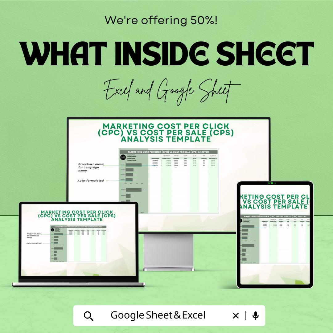 Marketing CPC vs CPS Analysis Template | Excel and Google Sheets | Cost Per Click & Cost Per Sale Tracker | Marketing ROI Spreadsheet