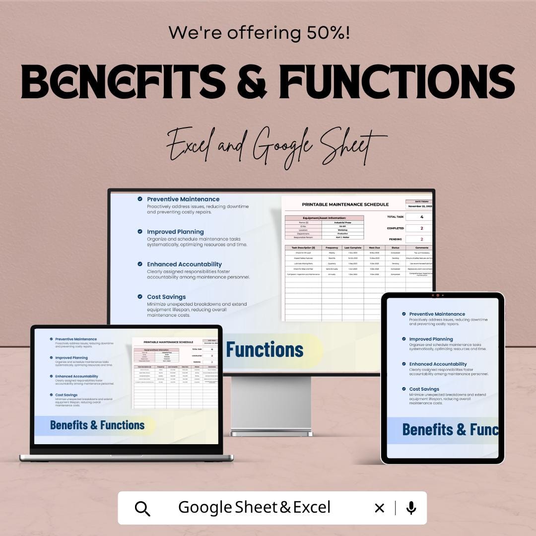 Printable Maintenance Schedule Template | Equipment Maintenance Log | Preventive Maintenance Checklist | Excel Google Sheets | Asset Tracker