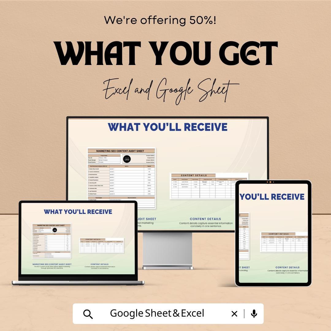 Marketing SEO Content Audit Sheet Template | SEO Audit Tracker | Google Sheets & Excel Template | Website Content Planner | Marketing KPI