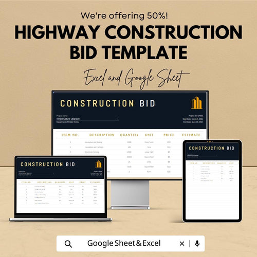 Highway Construction Bid Template | Road Construction Bid Spreadsheet | Contractor Bid Proposal Template |  Construction Estimate