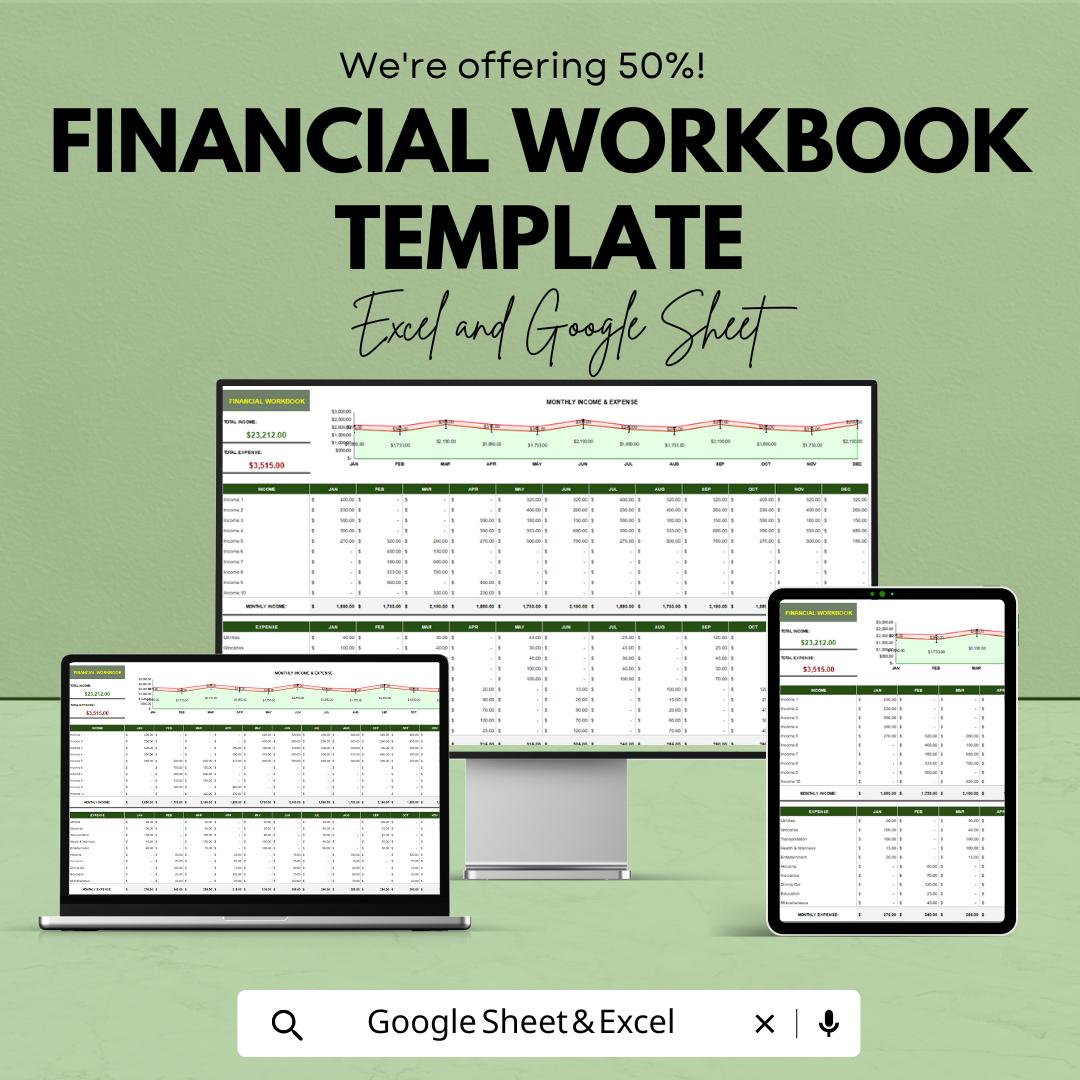 Financial Workbook Template | Excel and Google Sheets | Budget Planner, Income & Expense Tracker, Business Finance Organizer