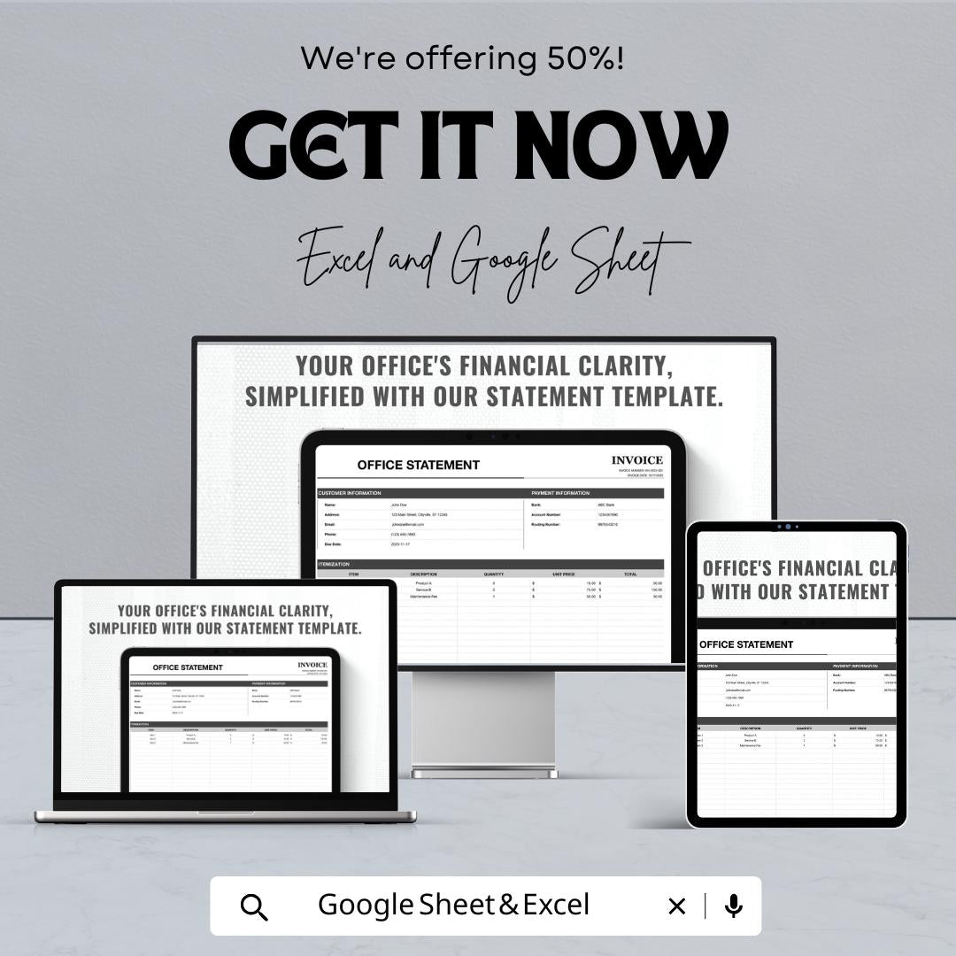 Office Statement Sheet Template | Excel and Google Sheets | Business Invoice & Billing Form | Finance Tracker | Digital Download