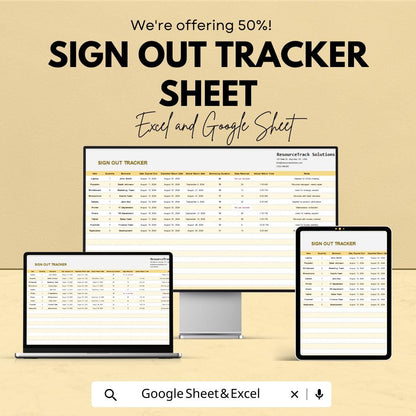 Sign Out Tracker Sheet | Asset & Equipment Log | Editable Google Sheets and Excel Template | Check-Out Register | Printable Sign-Out Form