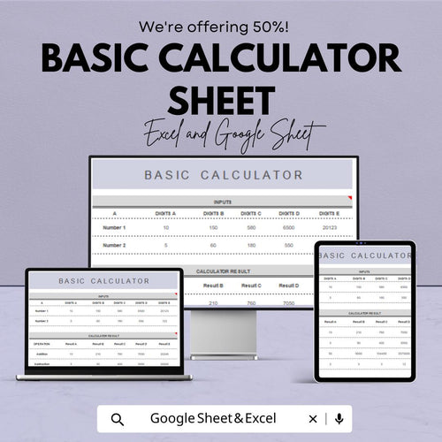 Basic Calculator Sheet for Excel and Google Sheets | Financial & Math Calculation Template | Instant Download