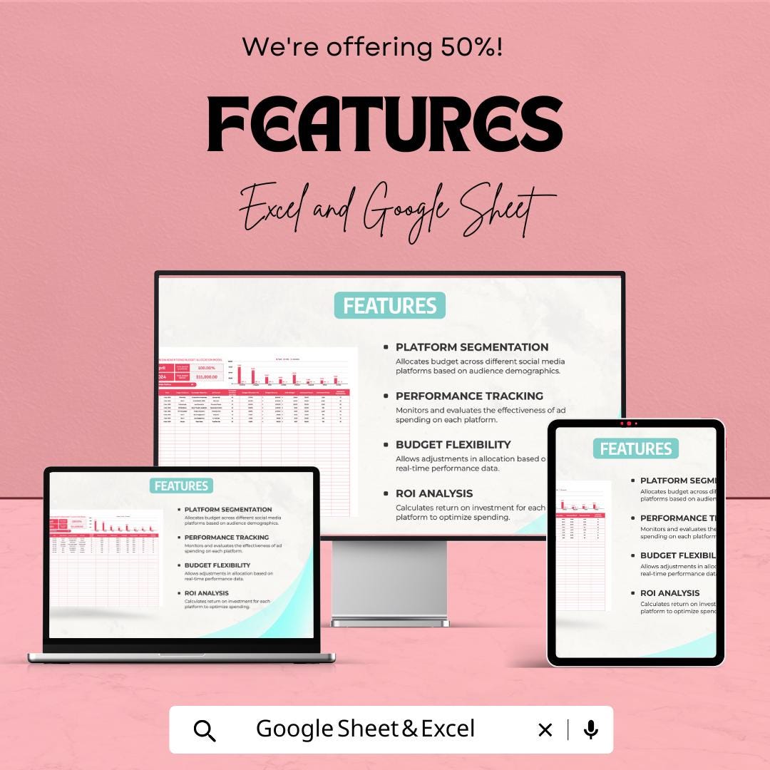Social Media Advertising Budget Allocation Model Sheet | Excel and Google Sheets Template | Track & Adjust Ad Spend | 50% OFF