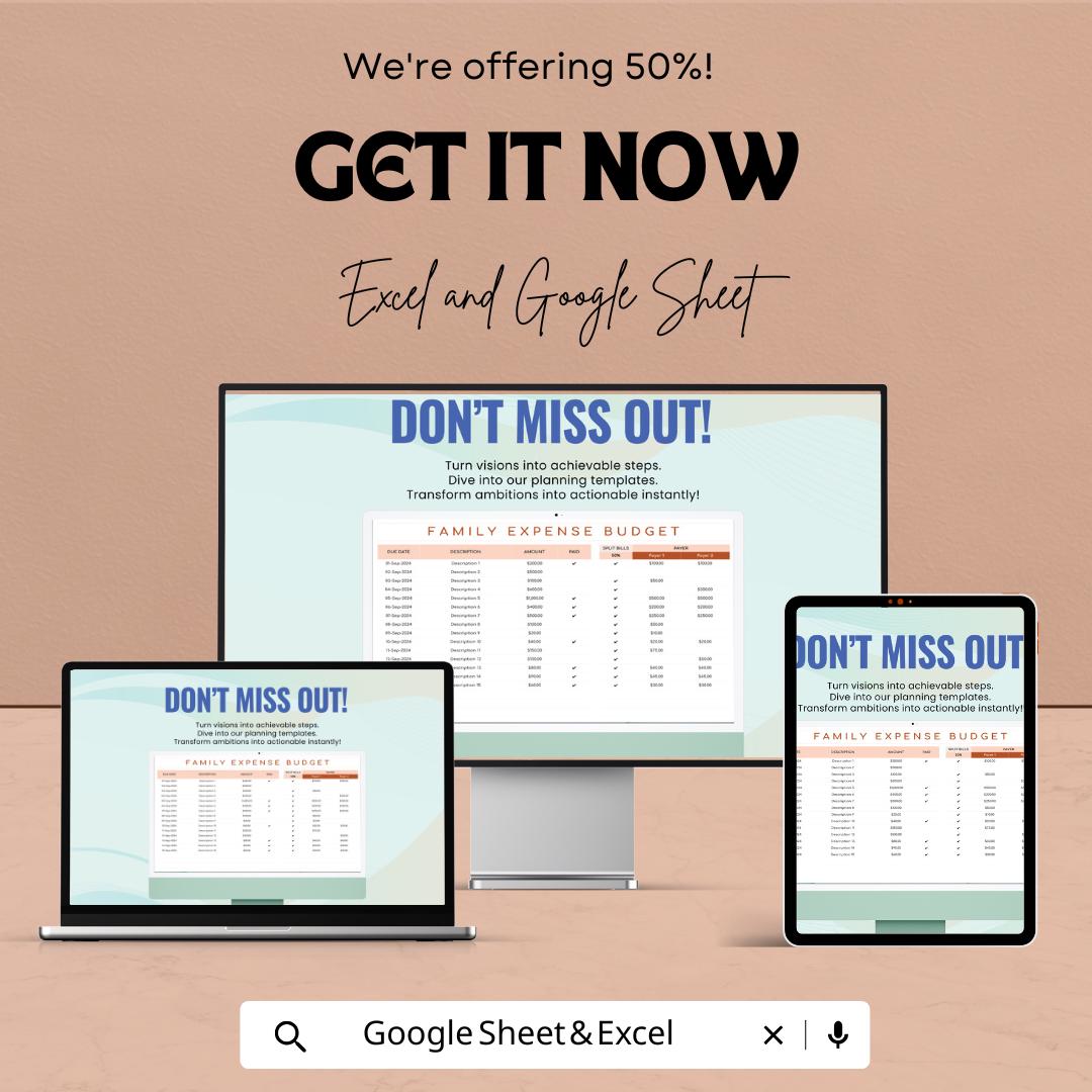 Household Family Expense Budget Template | Monthly Budget Planner | Family Finance Tracker | Expense Spreadsheet