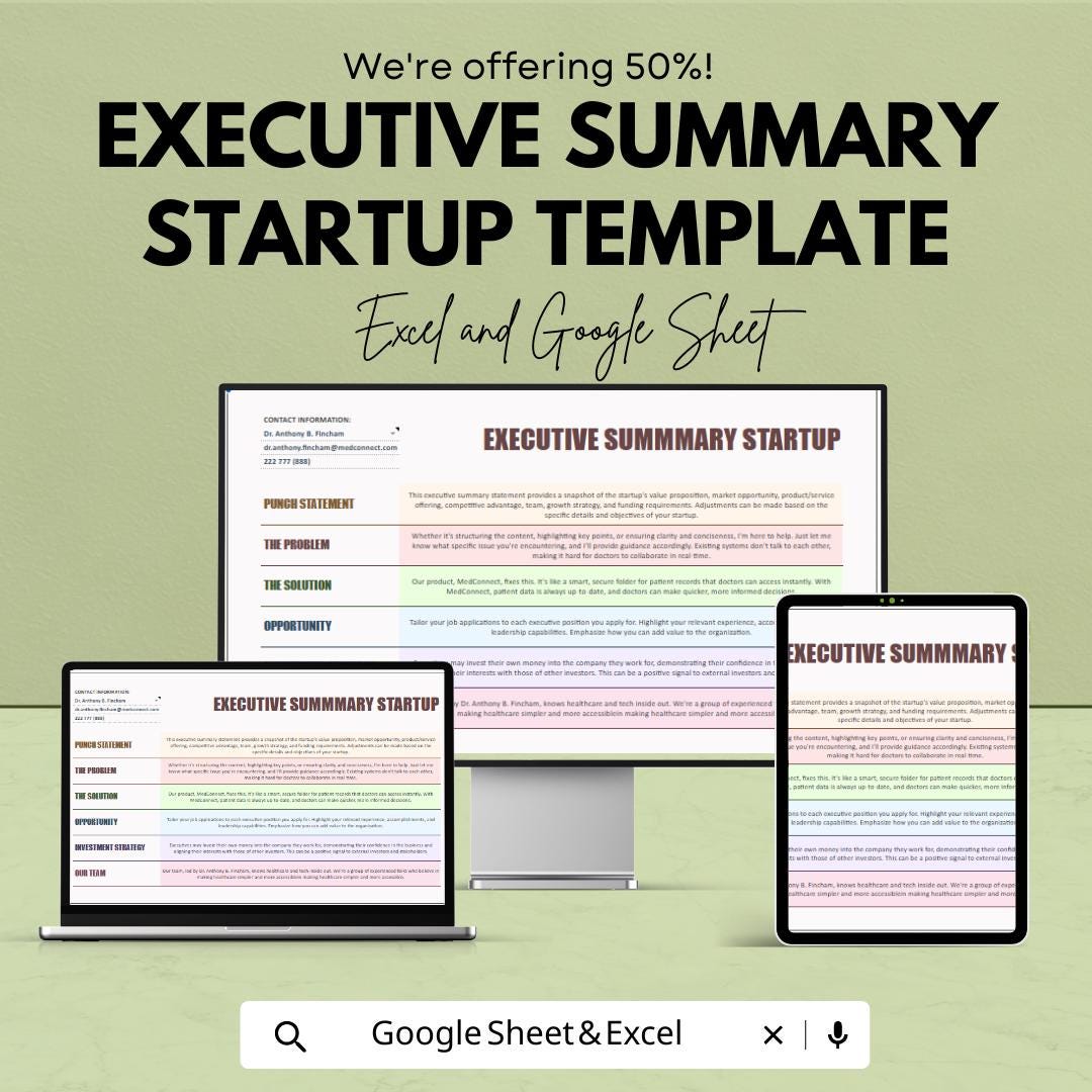 Executive Summary Startup Template | Business Plan Executive Summary | Startup Planning |Business Planner | Startup Strategy Template