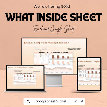 Revenue & Expenditure Budget Sheet | Monthly Income and Expense Tracker | Excel and Google Sheets Template | Business Budget Planner