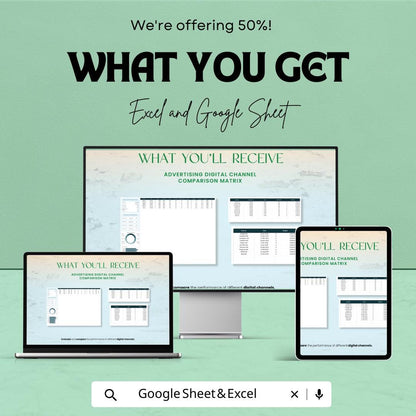 Advertising Digital Channel Comparison Matrix Template, Marketing Channel Comparison Tool, Digital Ads Performance Tracker