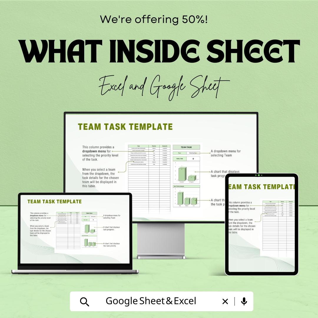 Team Task Sheet Template for Excel and Google Sheets | Task Management & Team Collaboration Tracker | Boost Efficiency | 50% Off!