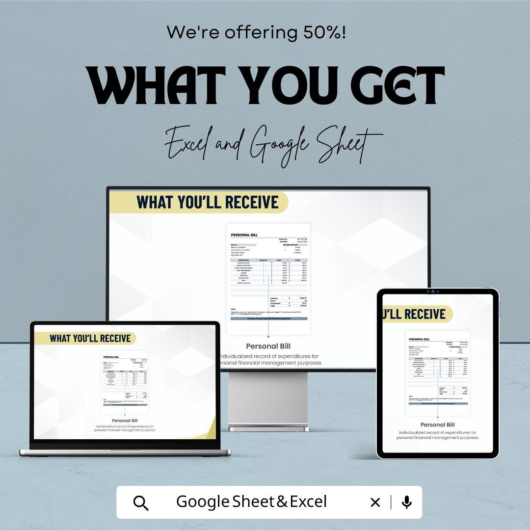 Personal Bill Sheet - Editable Excel & Google Sheet Template for Easy Expense Tracking