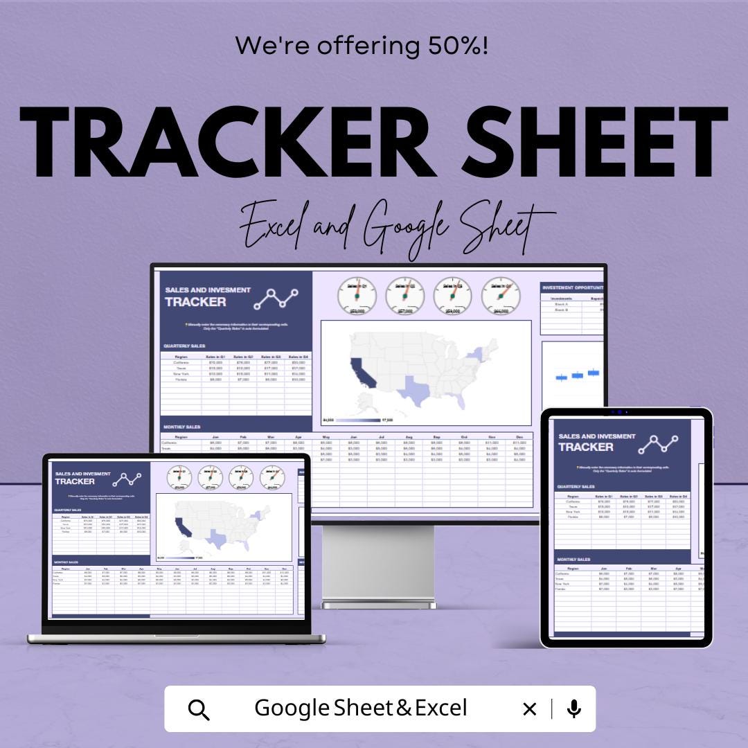 Sales and Investment Tracker Sheet | Excel and Google Sheets Dashboard | Business Report | Visual Data Template | Digital Download