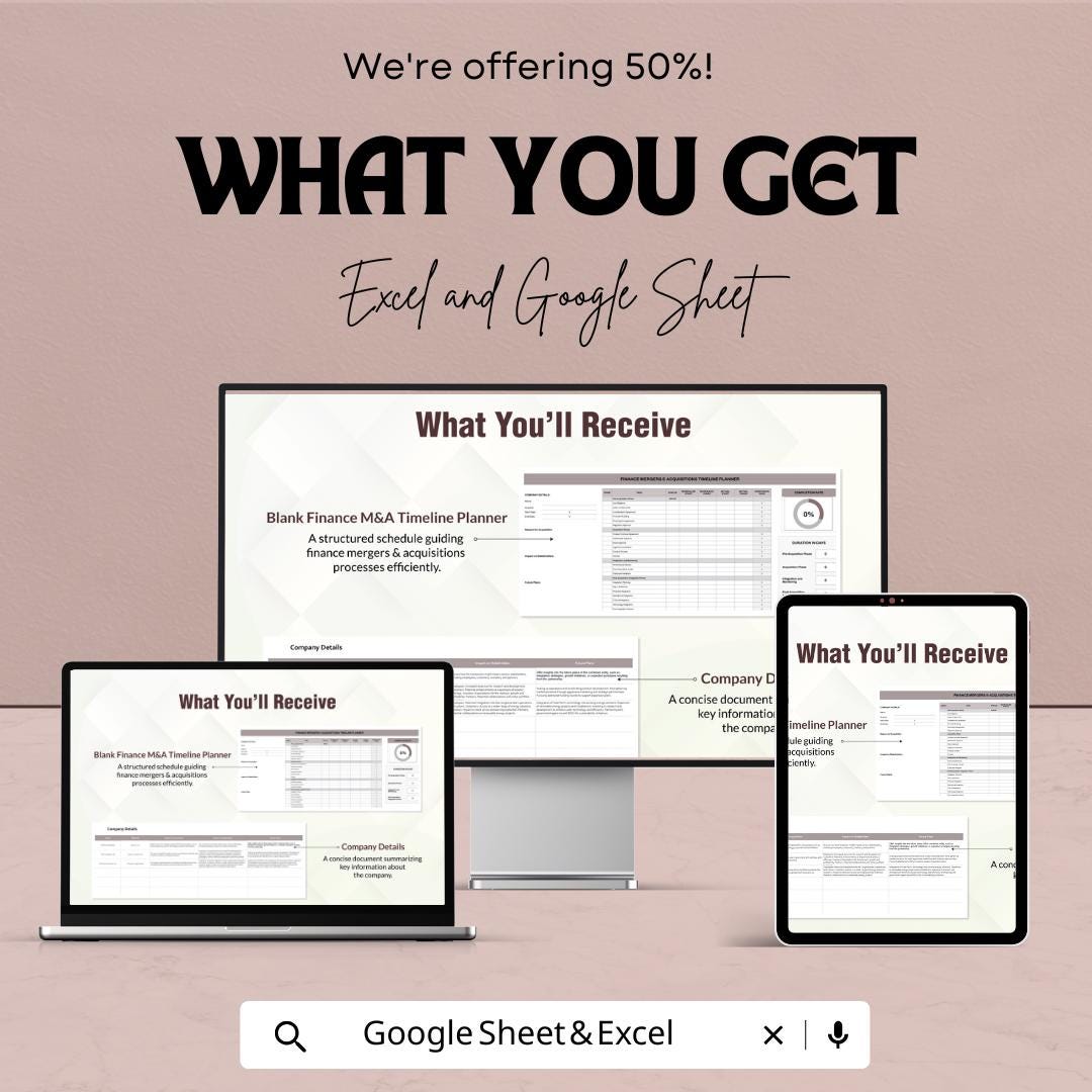 Finance Mergers and Acquisitions Timeline Planner Sheet | Excel & Google Sheets Template for Efficient Project Planning