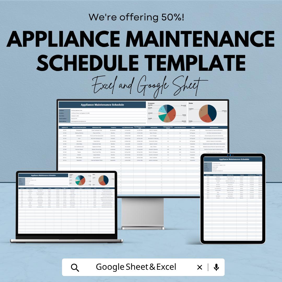 Appliance Maintenance Schedule Template | Home Maintenance Tracker | Equipment Maintenance Log | Preventive Maintenance Planner