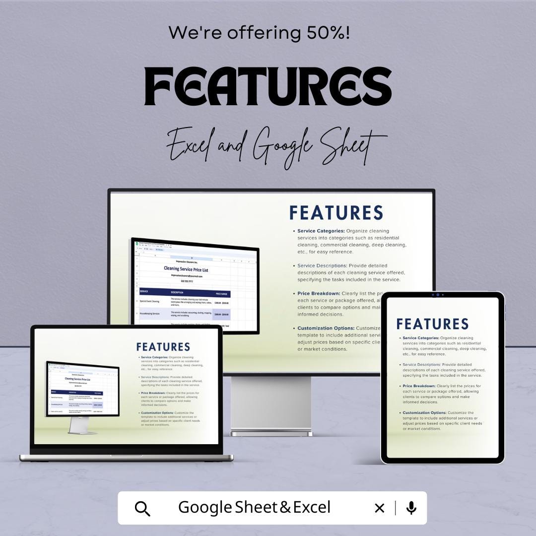 Sample Cleaning Service Price List Sheet - Excel & Google Sheets Template for Service Pricing and Estimates