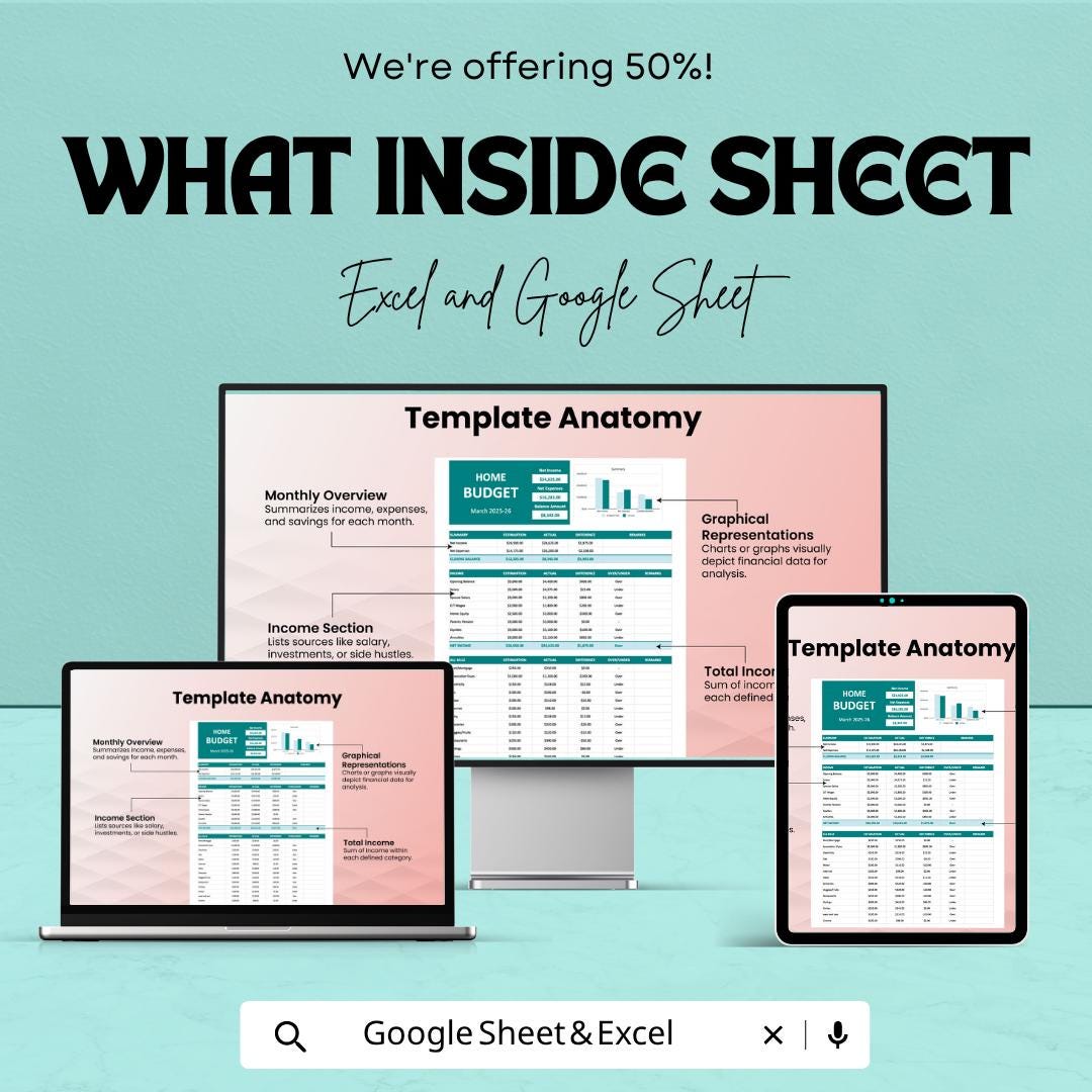 Home Budget Template Excel Google Sheets | Monthly Budget Planner Spreadsheet | Expense Tracker | Household Finance Planner |