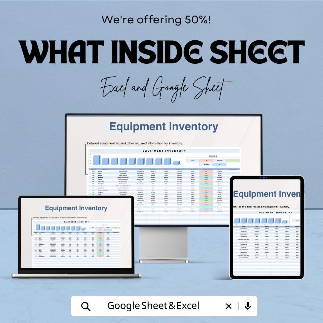 Equipment Inventory Sheet Template | Asset Tracking Spreadsheet | Equipment Management | Small Business Inventory Tracker