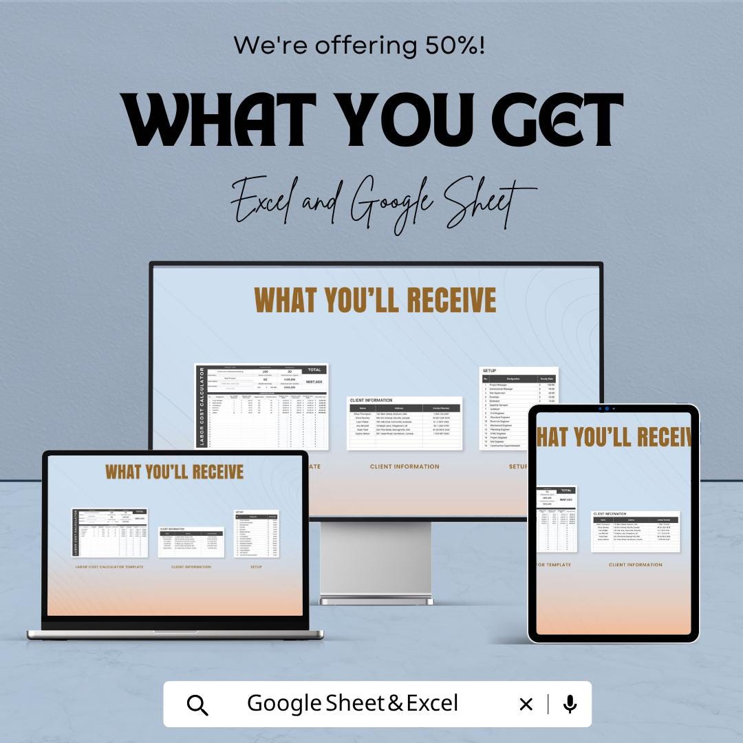 Labor Cost Calculator Template | Project Cost Estimator Spreadsheet | Construction Budget Planner | Workforce Cost Tracker