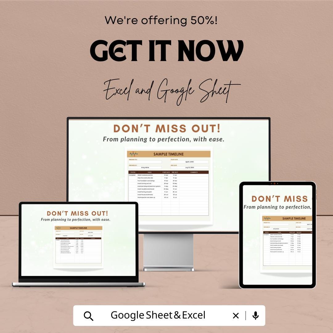 Sample Timeline Template | Project Planner Excel and Google Sheet | Task & Deadline Tracker | Editable Work Schedule Sheet