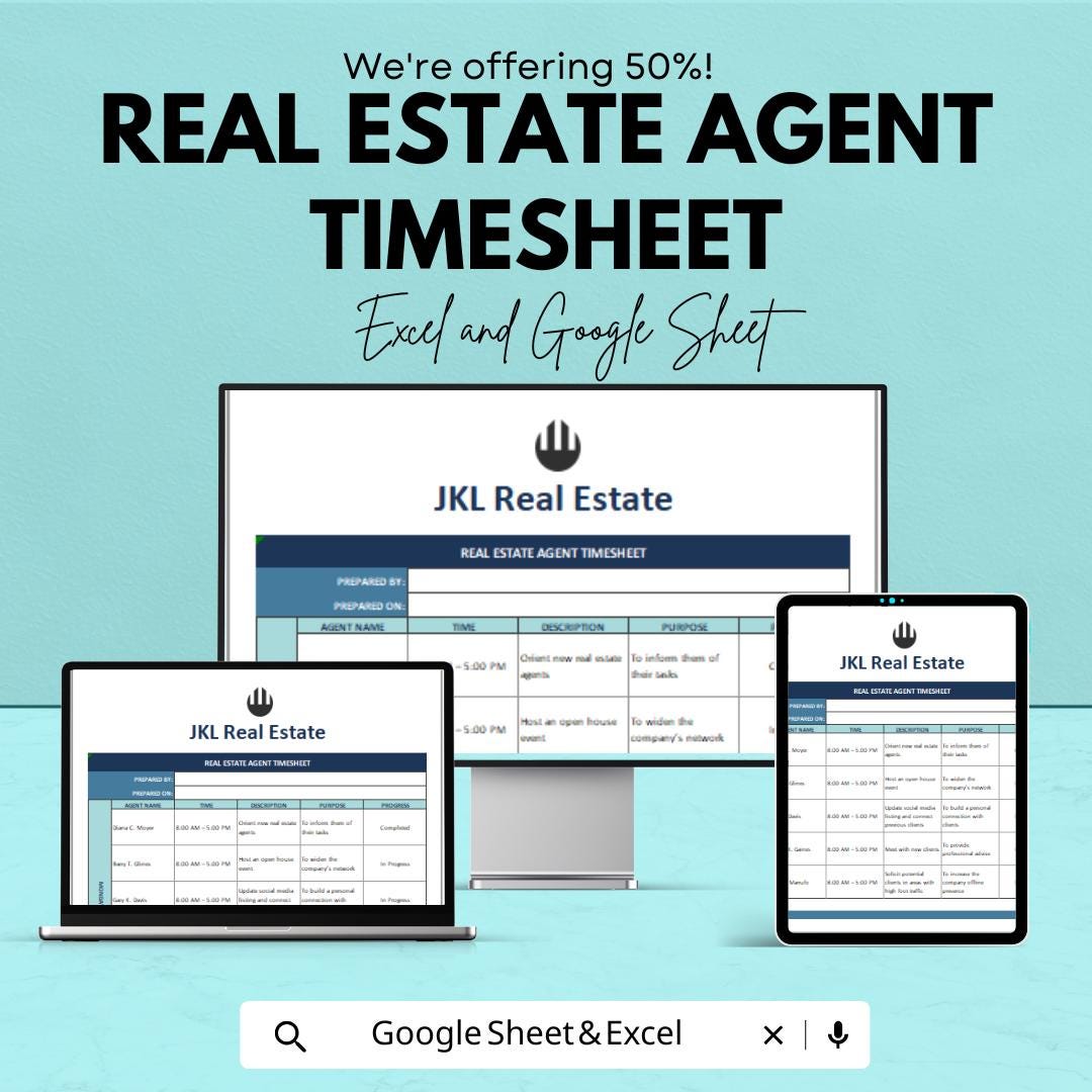 Real Estate Agent Timesheet - Excel & Google Sheets | Track Work Hours, Appointments, and Tasks | Customizable Template