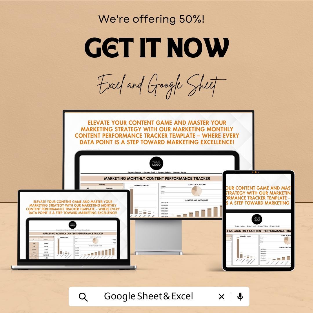 Marketing Monthly Content Performance Tracker Template |  Social Media Tracker | Marketing KPI Dashboard | Content Metrics Log