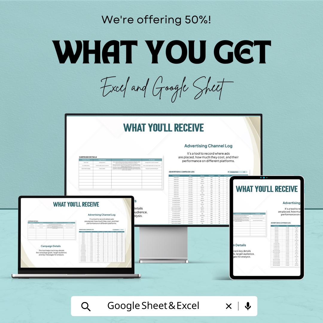 Advertising Campaign Tracking Sheet Template | Digital Ad Performance Tracker ROAS CTR CPC Analyzer | Marketing Campaign Dashboard