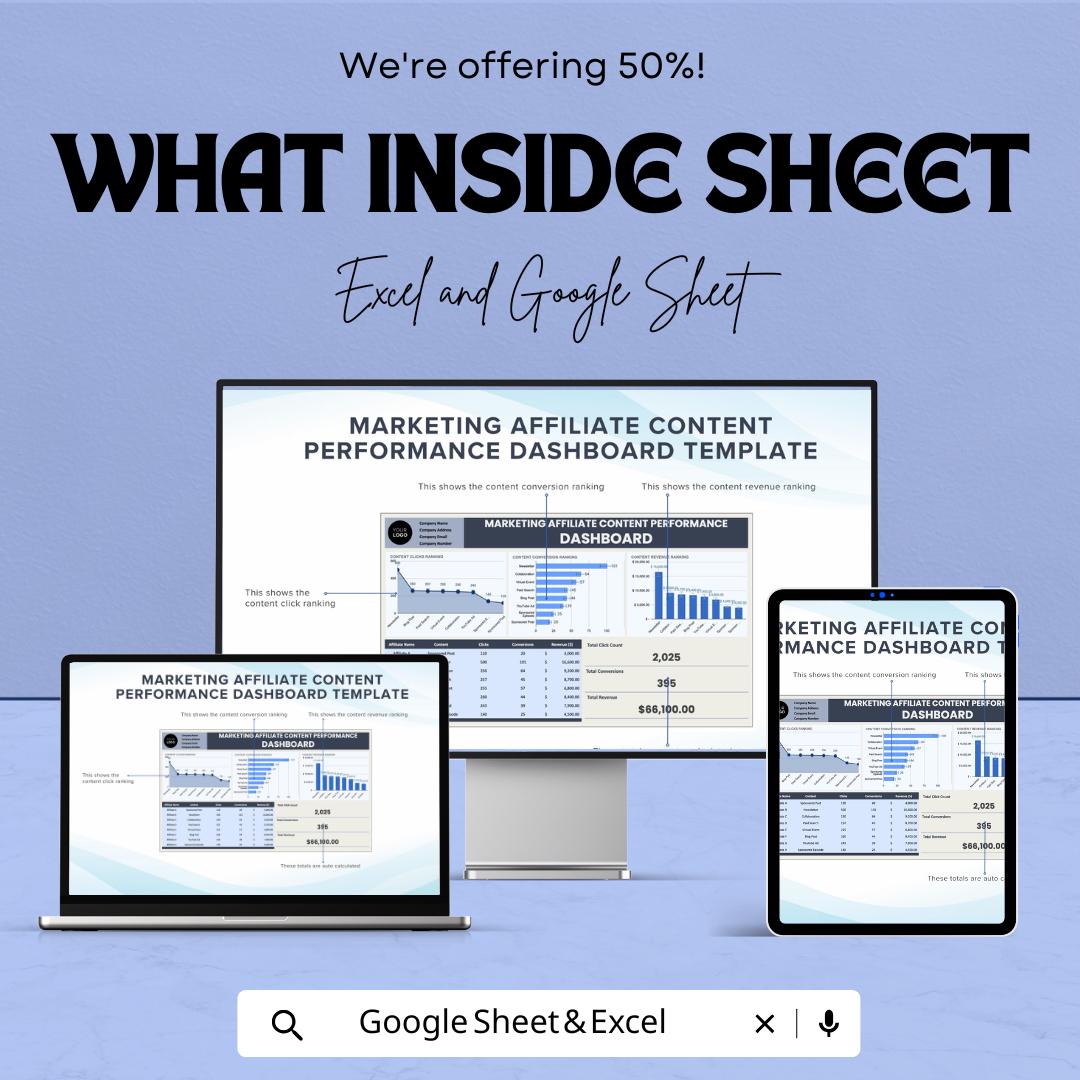 Marketing Affiliate Content Performance Dashboard | Track Clicks, Conversions and Revenue | Excel & Google Sheets | Digital Analytics Sheet