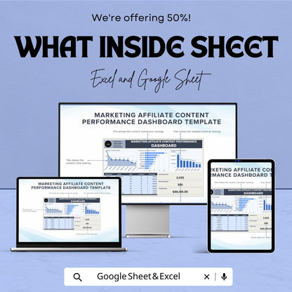 Marketing Affiliate Content Performance Dashboard | Track Clicks, Conversions and Revenue | Excel & Google Sheets | Digital Analytics Sheet