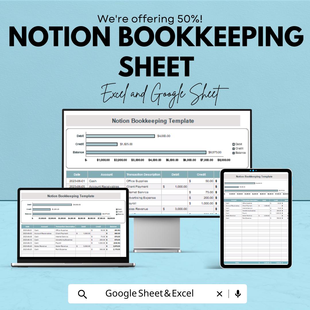 Notion Bookkeeping Sheet | Excel and Google Sheets Template | Business Finance Tracker | Debit Credit Ledger | Instant Download